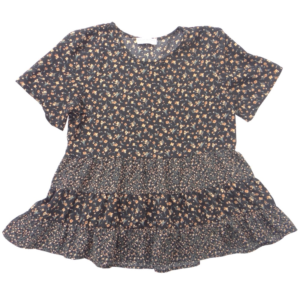 Paper Crane Womens Floral Tiered Babydoll Top Black Short Sleeve Small